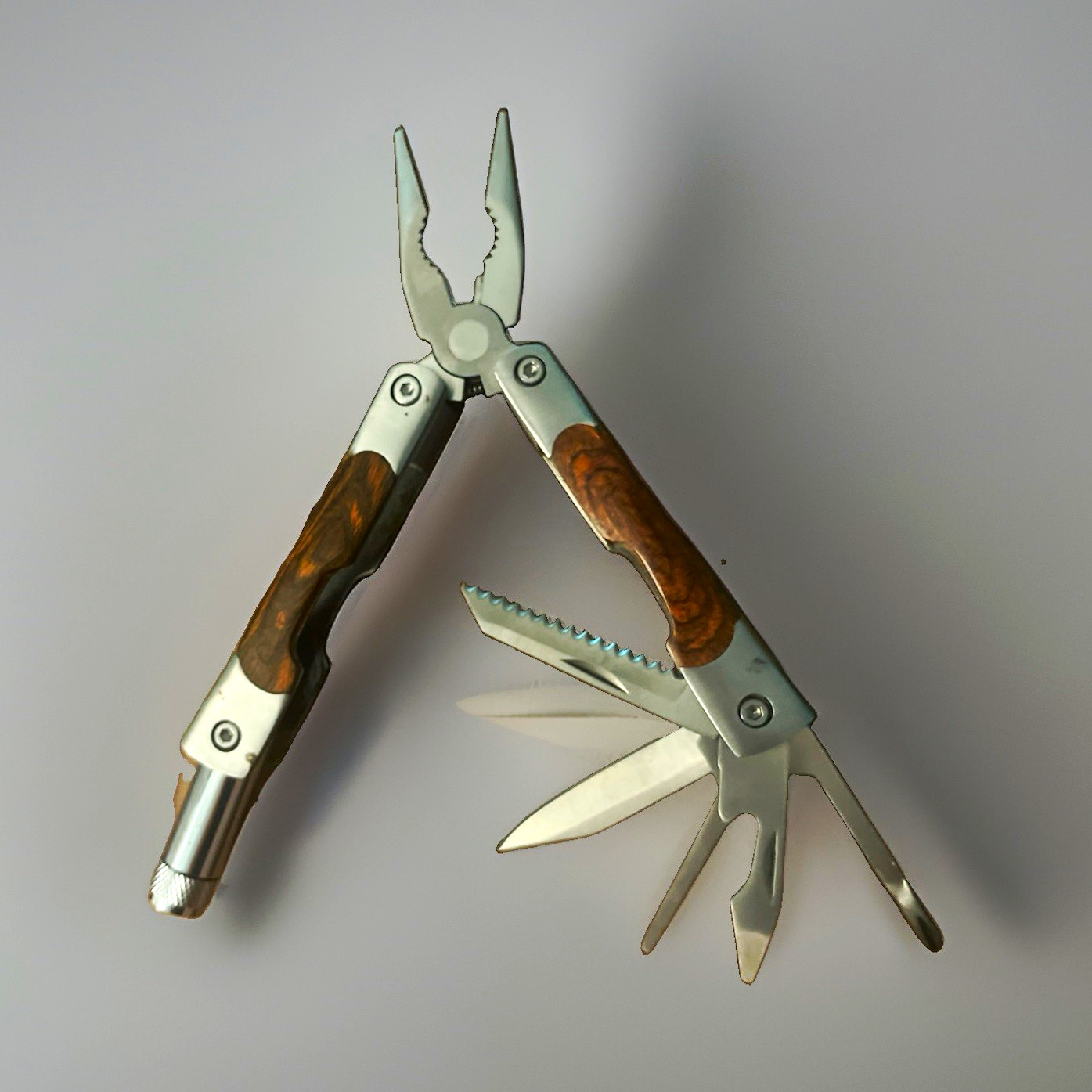 Pliers Multi-Tool Stainless Steel Metal & Wood Handle w/ Black Nylon Belt Pouch