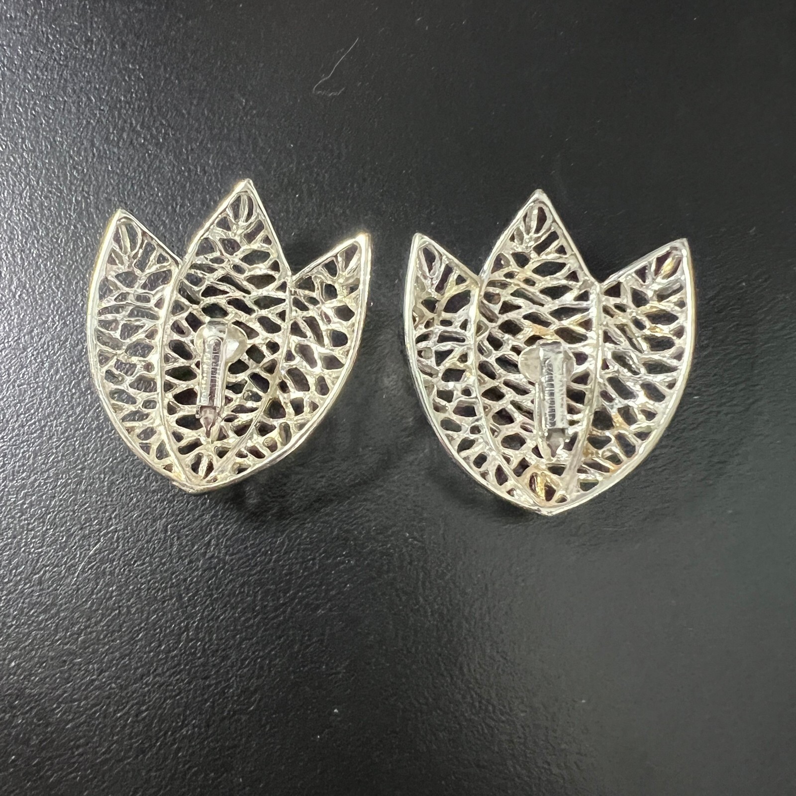 Vintage Emmons Leaf Clip On Earrings Open Metal Work Brushed Silver Tone