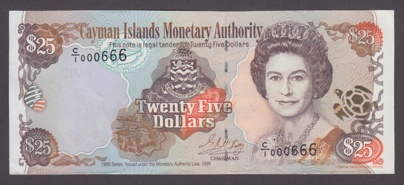 CAYMAN IS P.24-0666  25 DOLLARS 1998 FANCY S/N 000666 UNC  WE COMBINE 2305