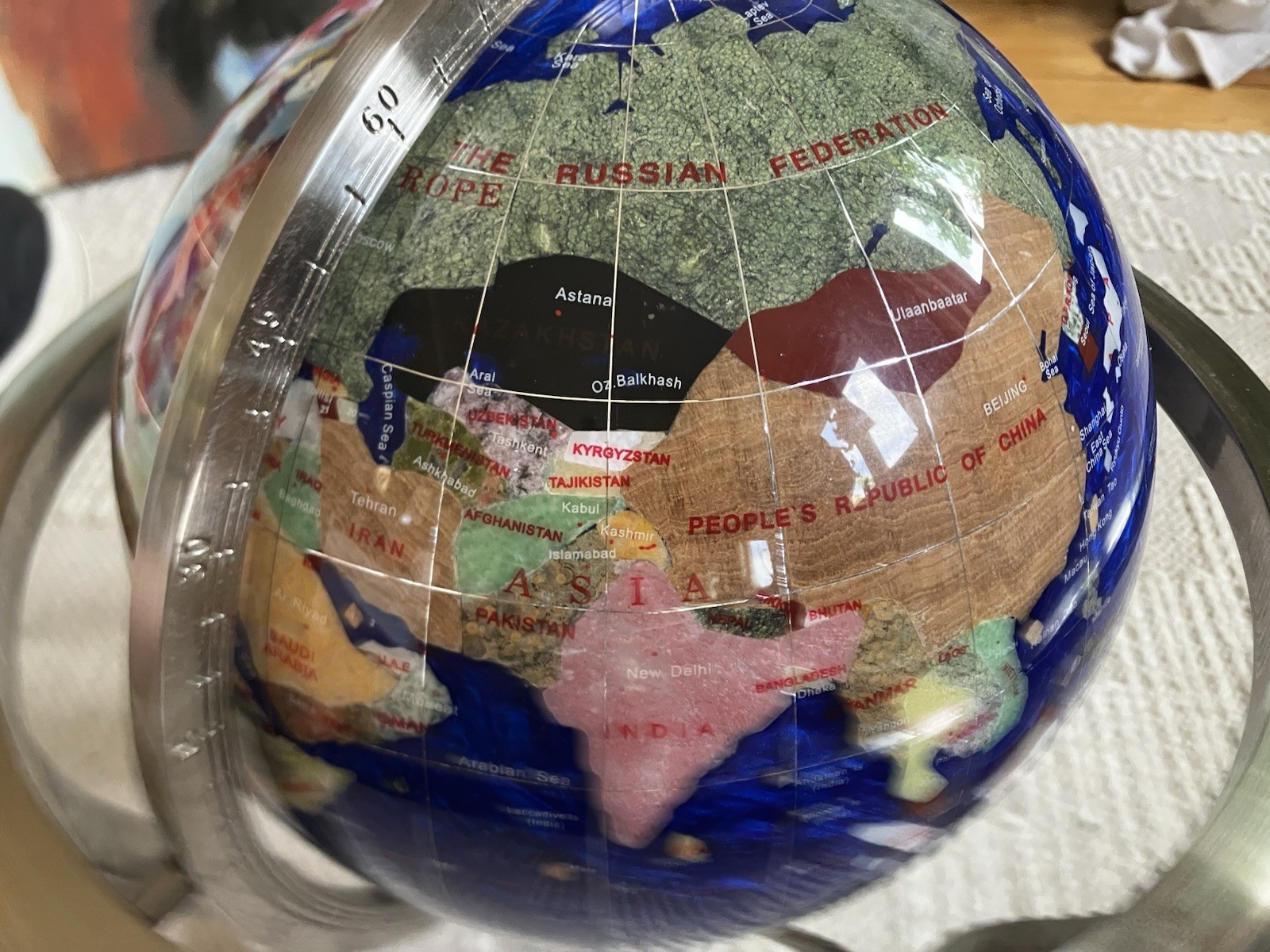 Blue Gemstone Tabletop World Globe w/ Rotating Silver Metal Base Compass