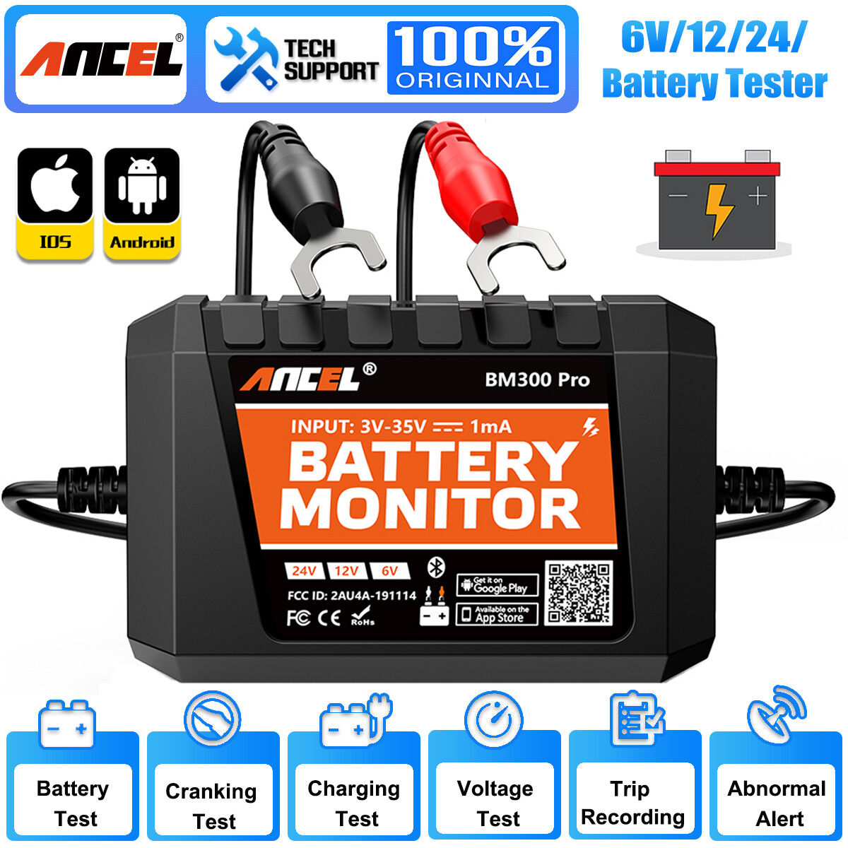 ANCEL BM300 Pro Car Motorcycle Battery Tester Charging System Analyzer 6/12/24V