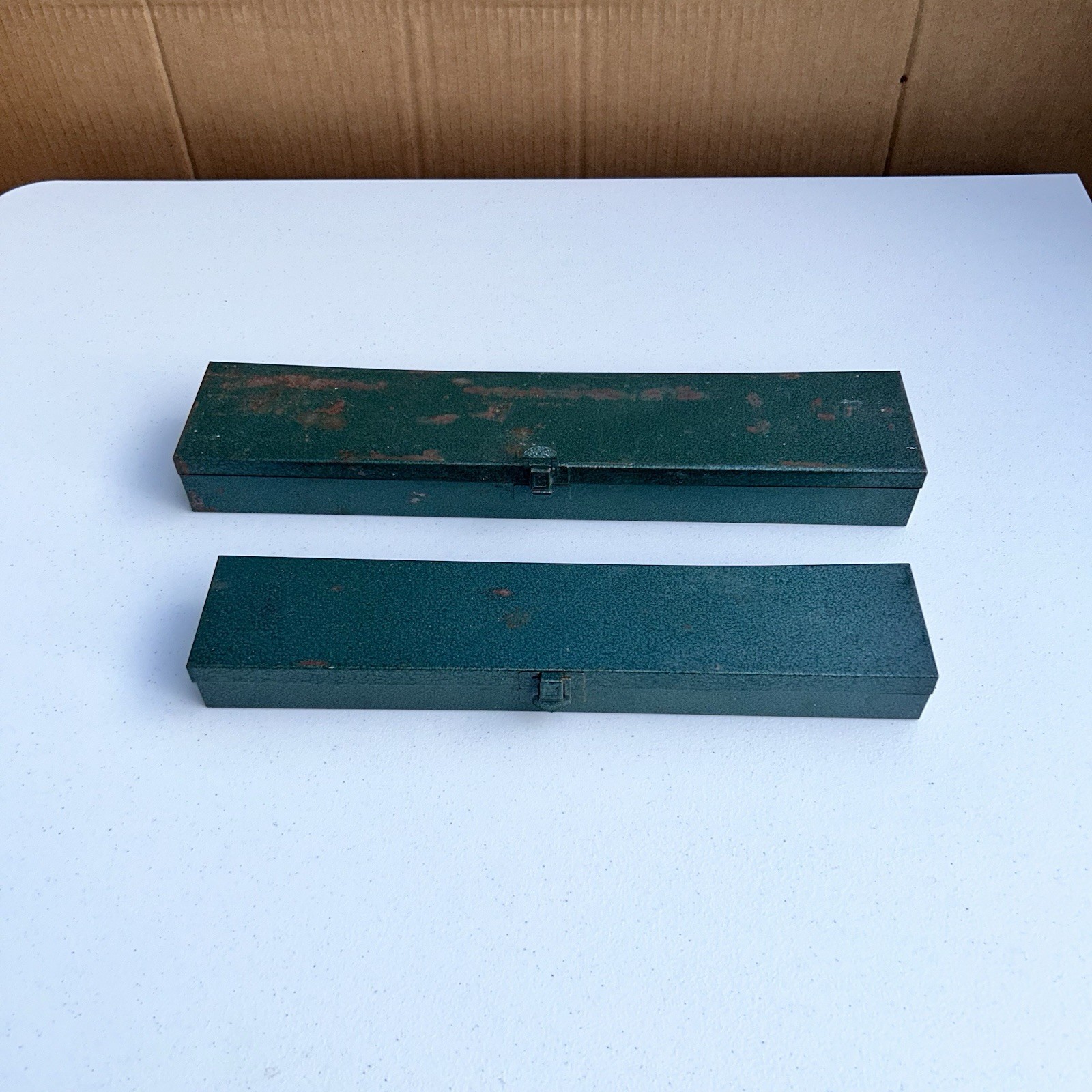 set of (2) Vintage 17" 15" Green Metal Socket & Ratchet Storage Box With Insert
