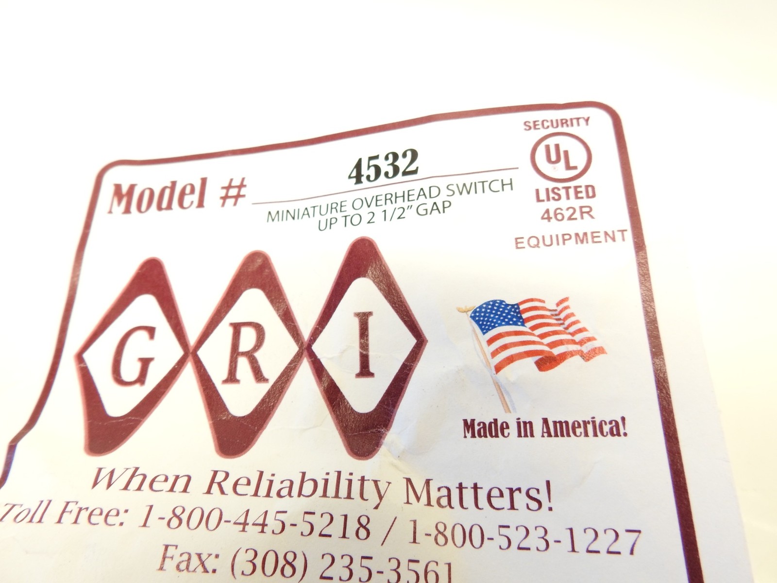 New GRI 4532 Miniature Overhead Door Contact Closed Loop Up to 2.5" Gap