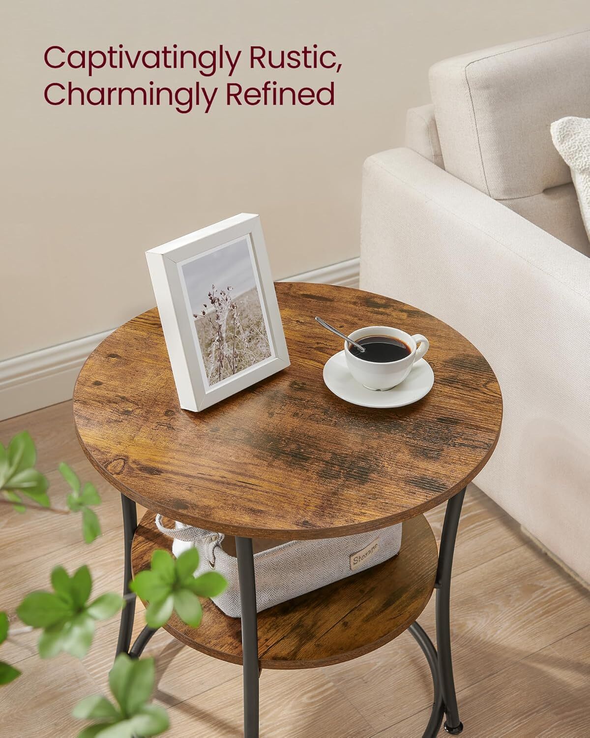Side Table, Round Side Table with 2 Shelves, Rustic Brown and Ink Black