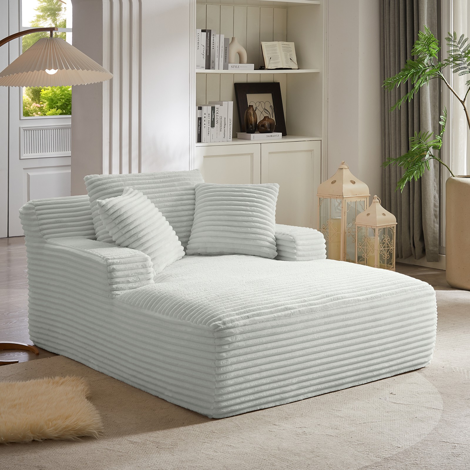 Oversized Chaise Lounge Chair Corduroy Upholstered Sofa Bed Sleeper Light Gray