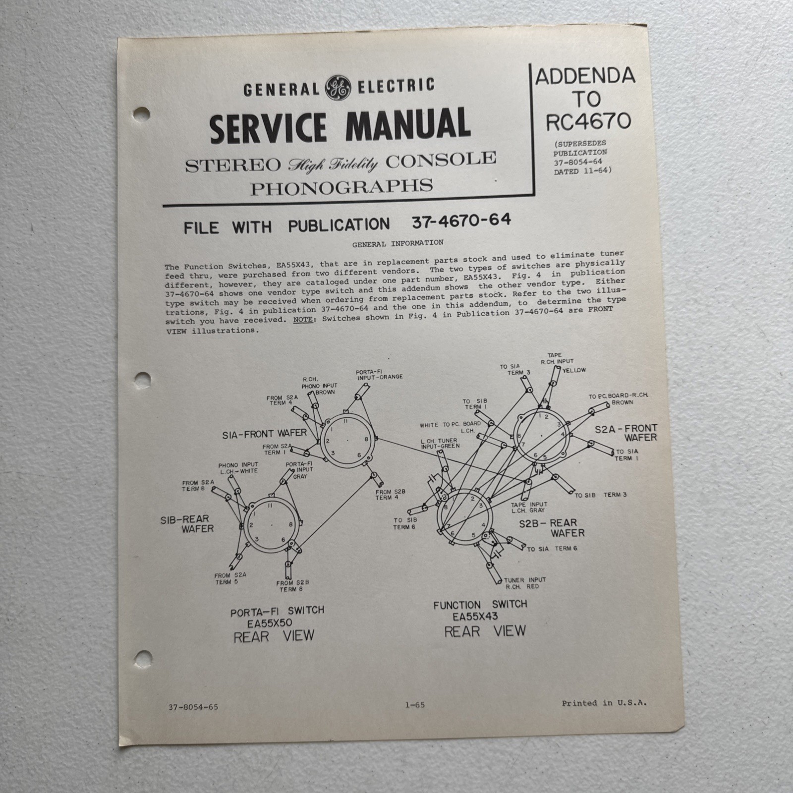 General Electric 1965 ADDENDA To RC4670 Product Specifications