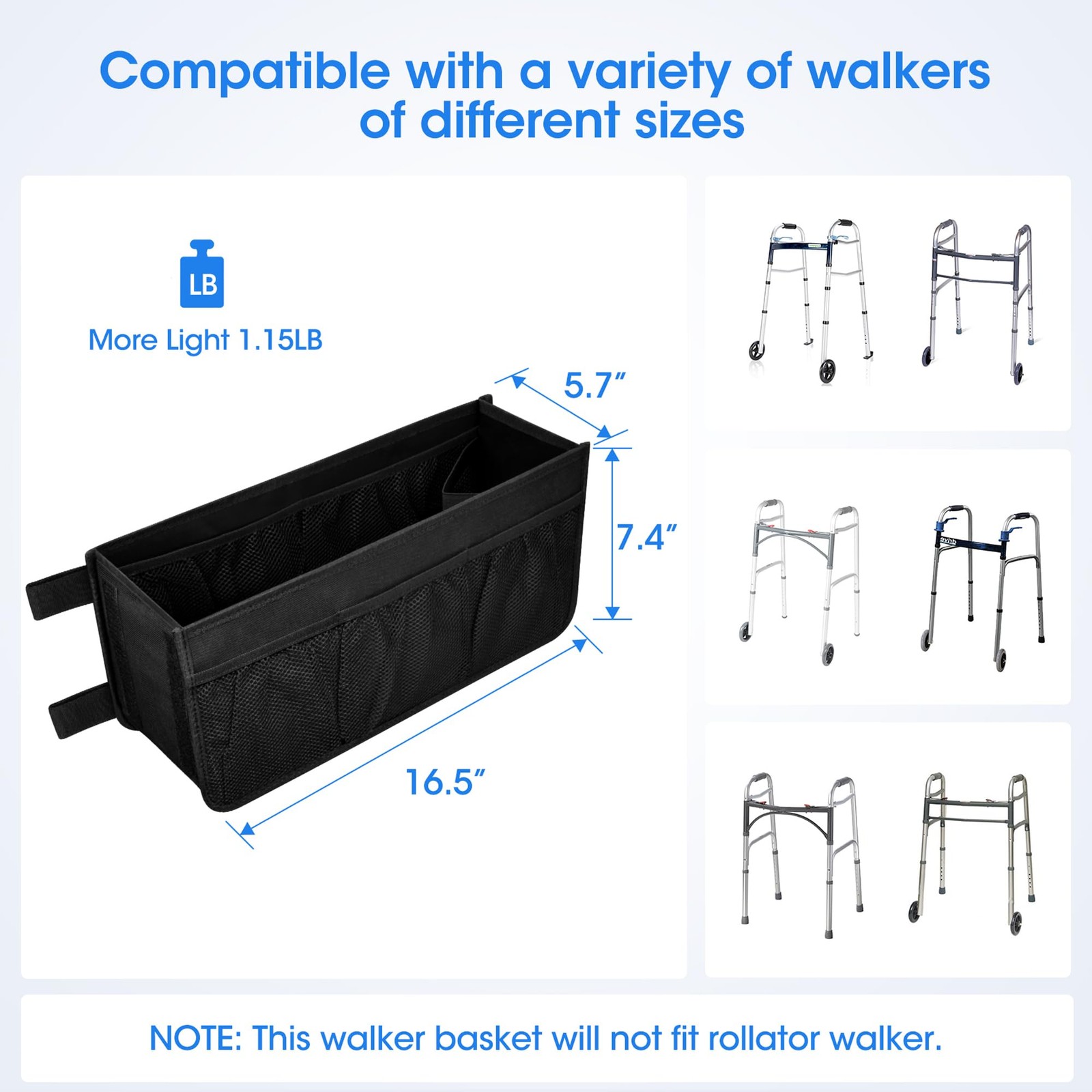 Dotday Upgraded Walker Basket with Cup Holder, Foldable Bag Black