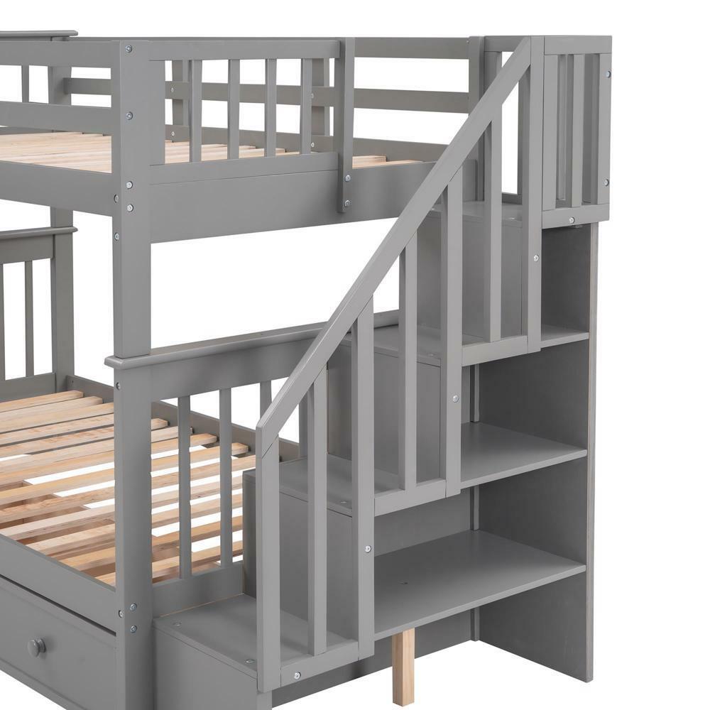Modern 2 Tiers Twin Design Solid Wood Bed Bunk Beds Ladder Guard Rail Frame New