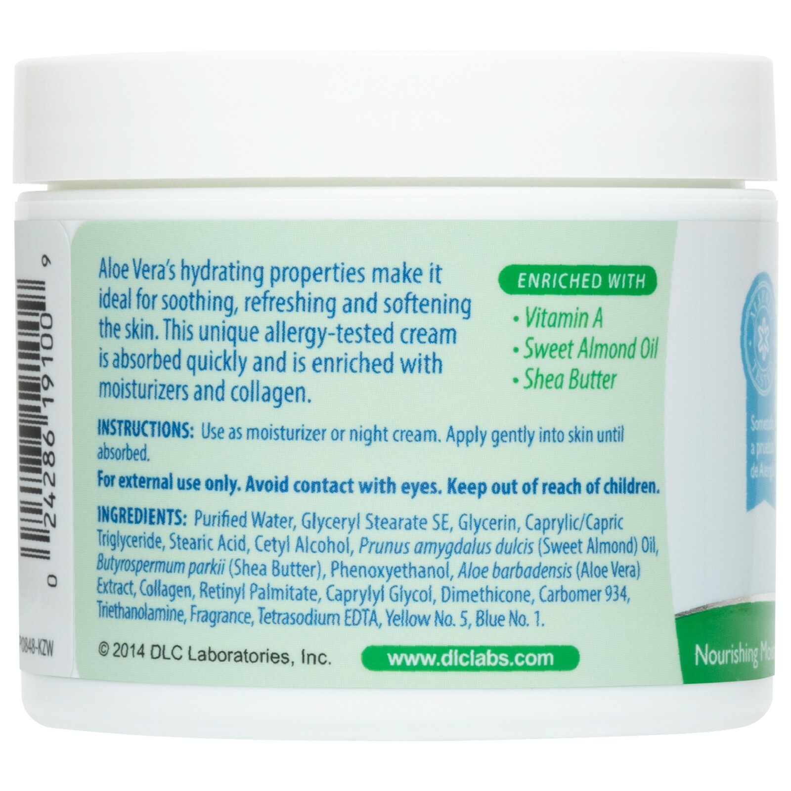 De La Cruz Aloe Vera Cream 4 OZ - Allergy Tested & Paraben Free / Made in USA