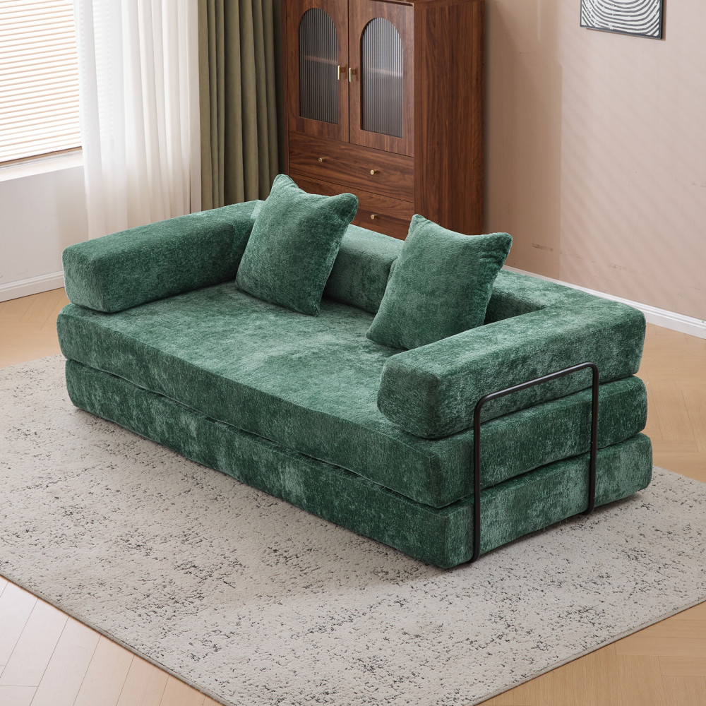 Memory Foam Foldable Sofa Bed 3-Seat Futon for Living Room, Dark Green Chenille