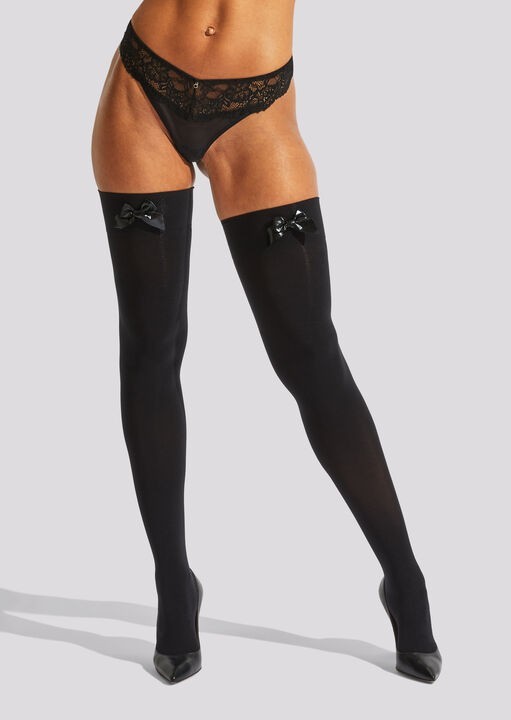 Ann Summers Bow Over The Knee Hold Ups Stockings Black Size LG/XLG Opaque BNIB