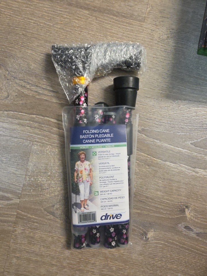 Cane - Adjustable Folding cane by Drive Medical - Black Pink Floral