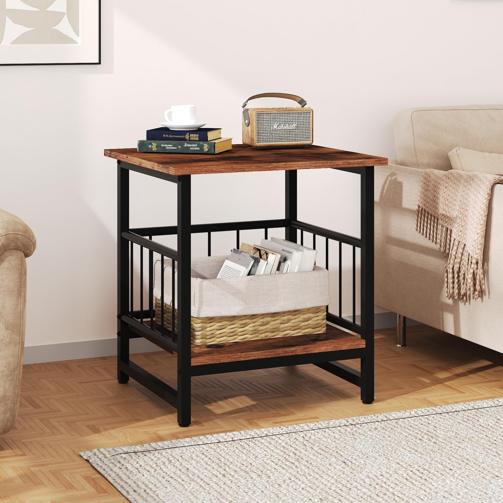 Industrial Night Stand, 18” Square Side Table with Open Storage Shelf, Bedsid...