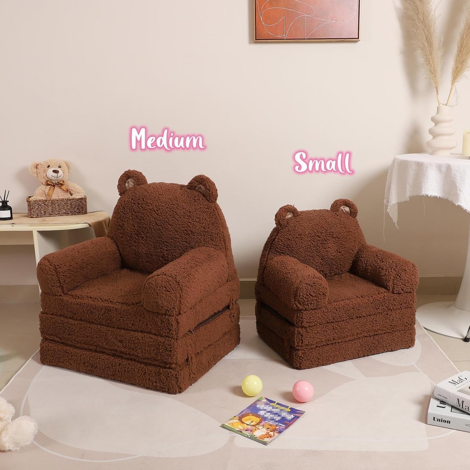 Kids Sherpa Sofa w/ Tri-Layer Foam Cushions, Comfy Toddler Seating, Brown