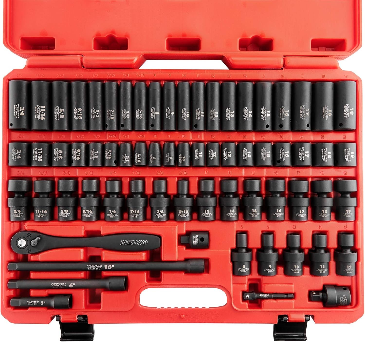 NEIKO 02471A Impact Socket Set, 3/8” Drive, 67 Piece, 67 Swivel, Red