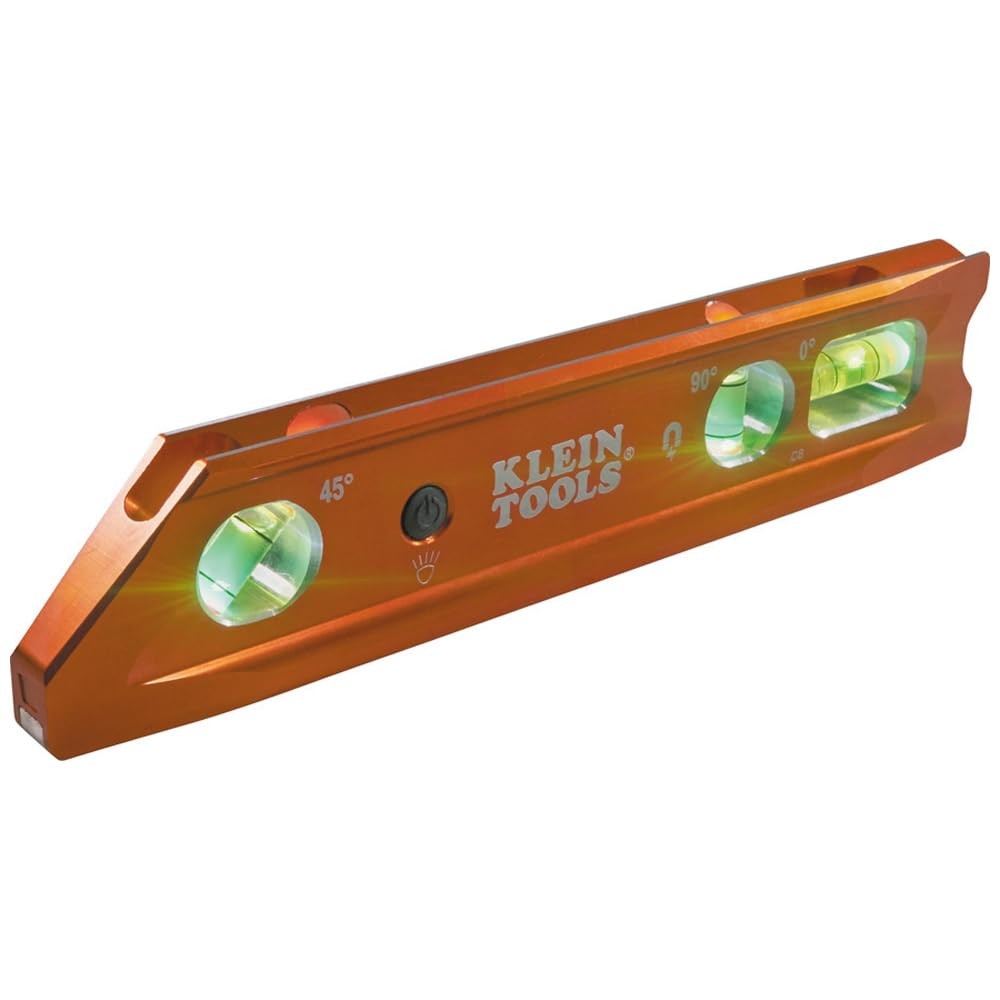 Level 9 Inch Lighted Torpedo Magnet 0/45/90 Vials Klein Tools 935RBLT
