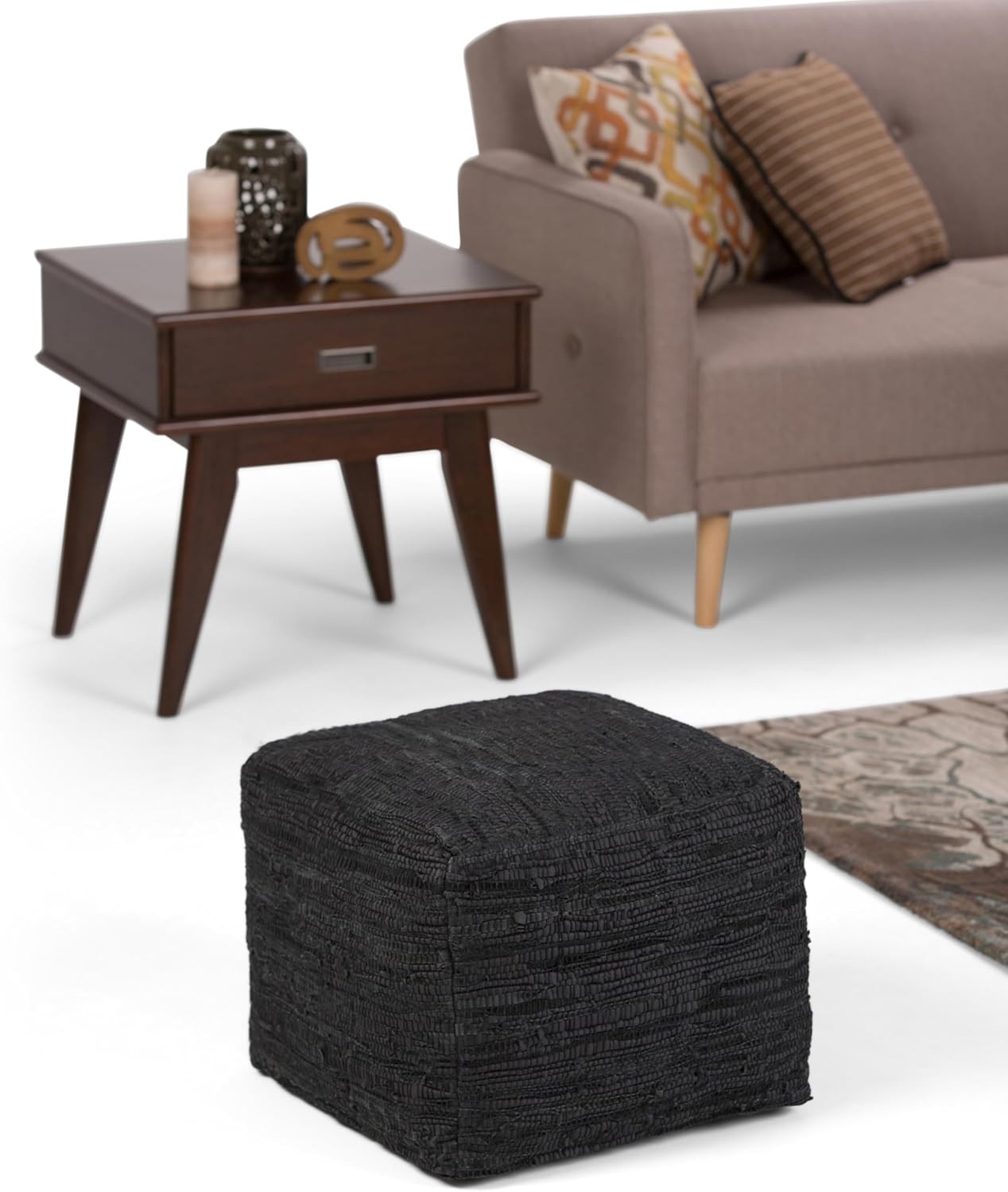 SIMPLIHOME Fredrik Boho Square Pouf in Black Woven Genuine Leather