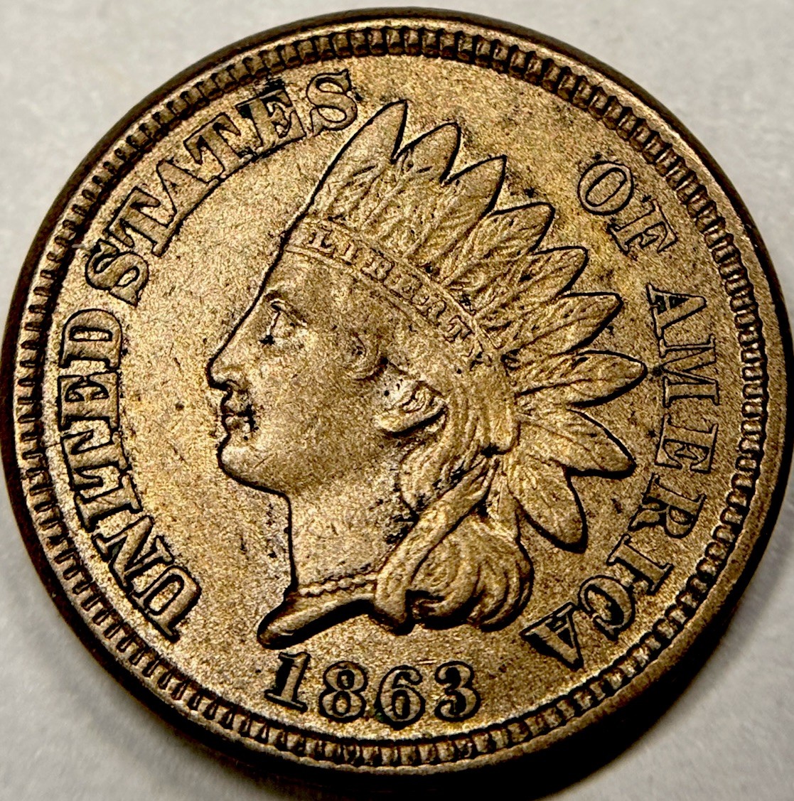 1863 Indian Head Cent . Nice Original Au+. Original Luster Remains