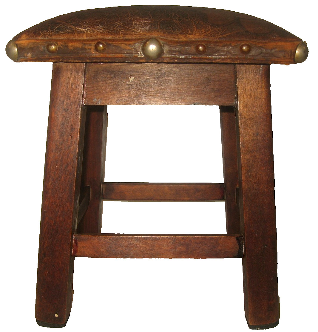 Antique Folk Art Wood Mission Footstool Tooled Leather Top Arts & Crafts