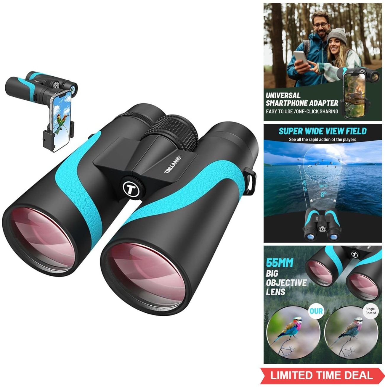 Binoculars 15x55 UHD for Adults BAK4 Prism Waterproof Phone Adapter Bird