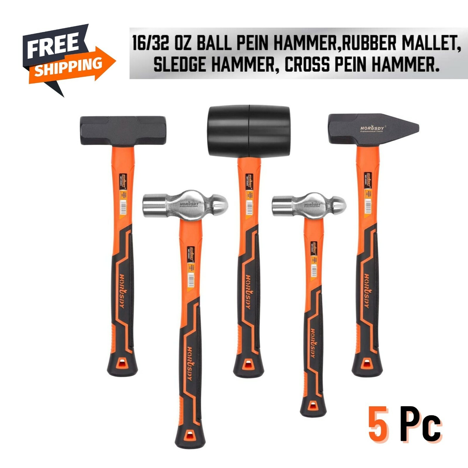 5pc Ball Pain/Rubber Mallet/Sledge & Cross Pain Hammer Set Mechanic Home Tool