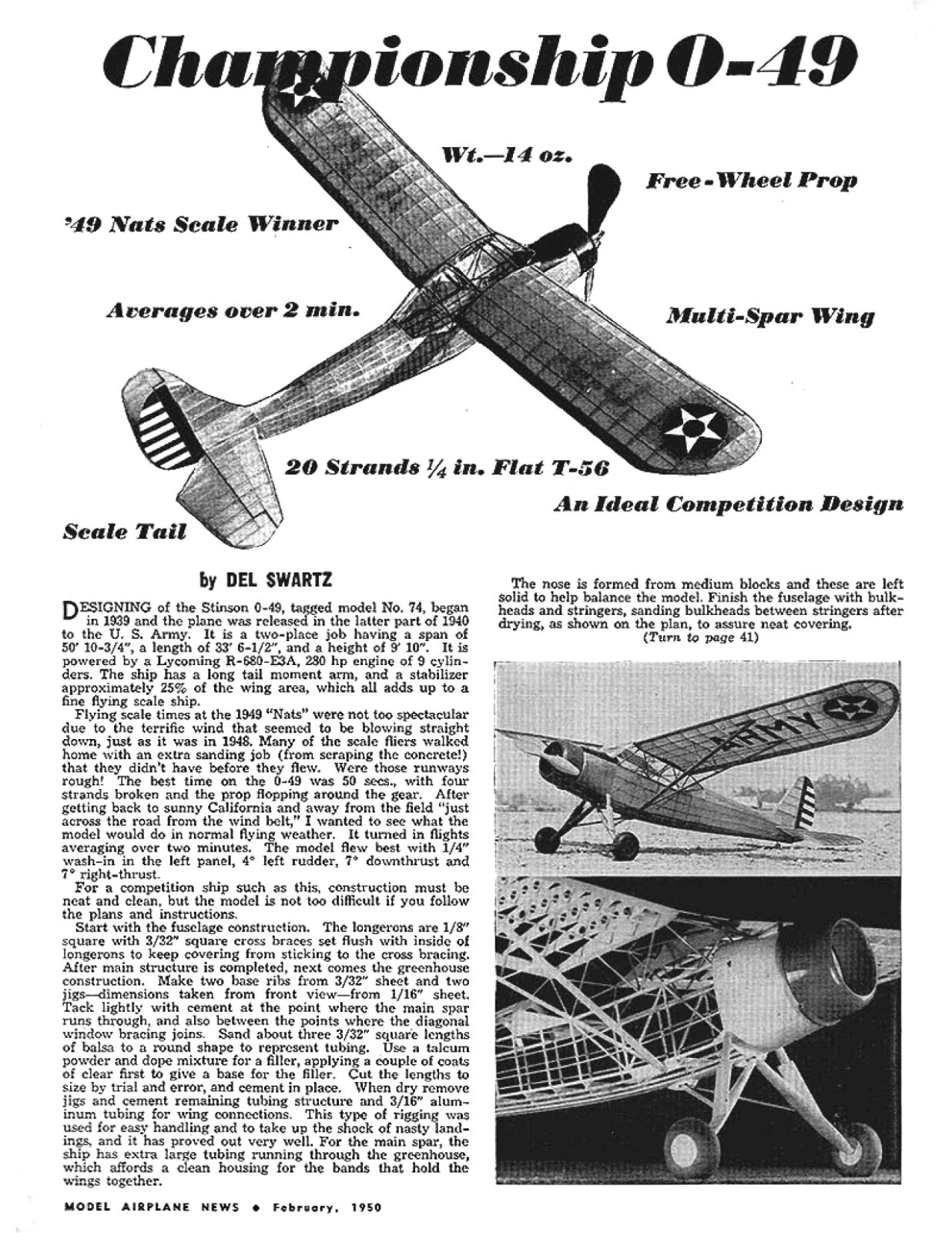 Model Airplane Plans (FF): Stinson O-49 45" Span Scale 30" Rubber-Powered