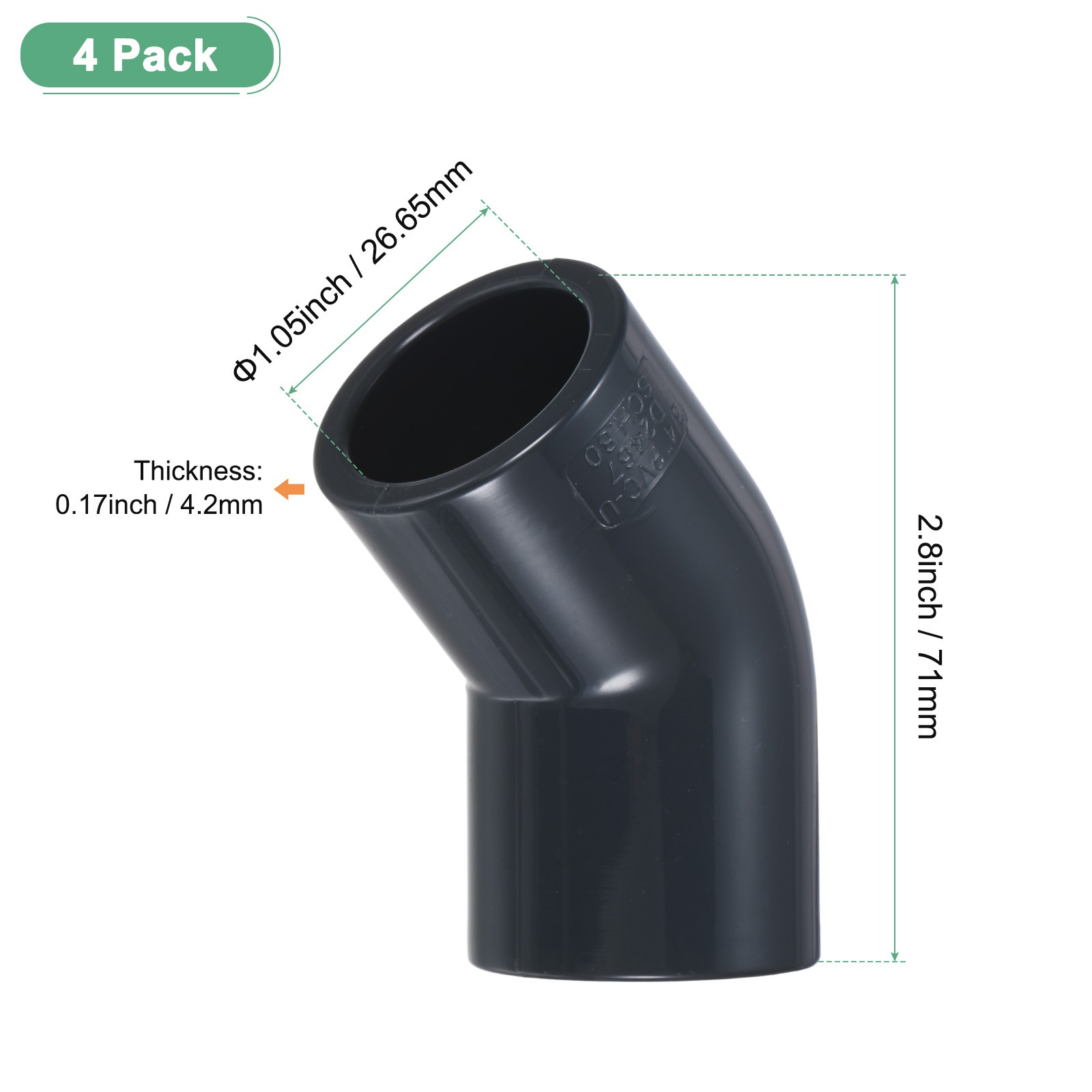 4-Pack 45 Degree Adapter Connector, 3/4" Socket UPVC Pipe Fitting Elbow, Grey