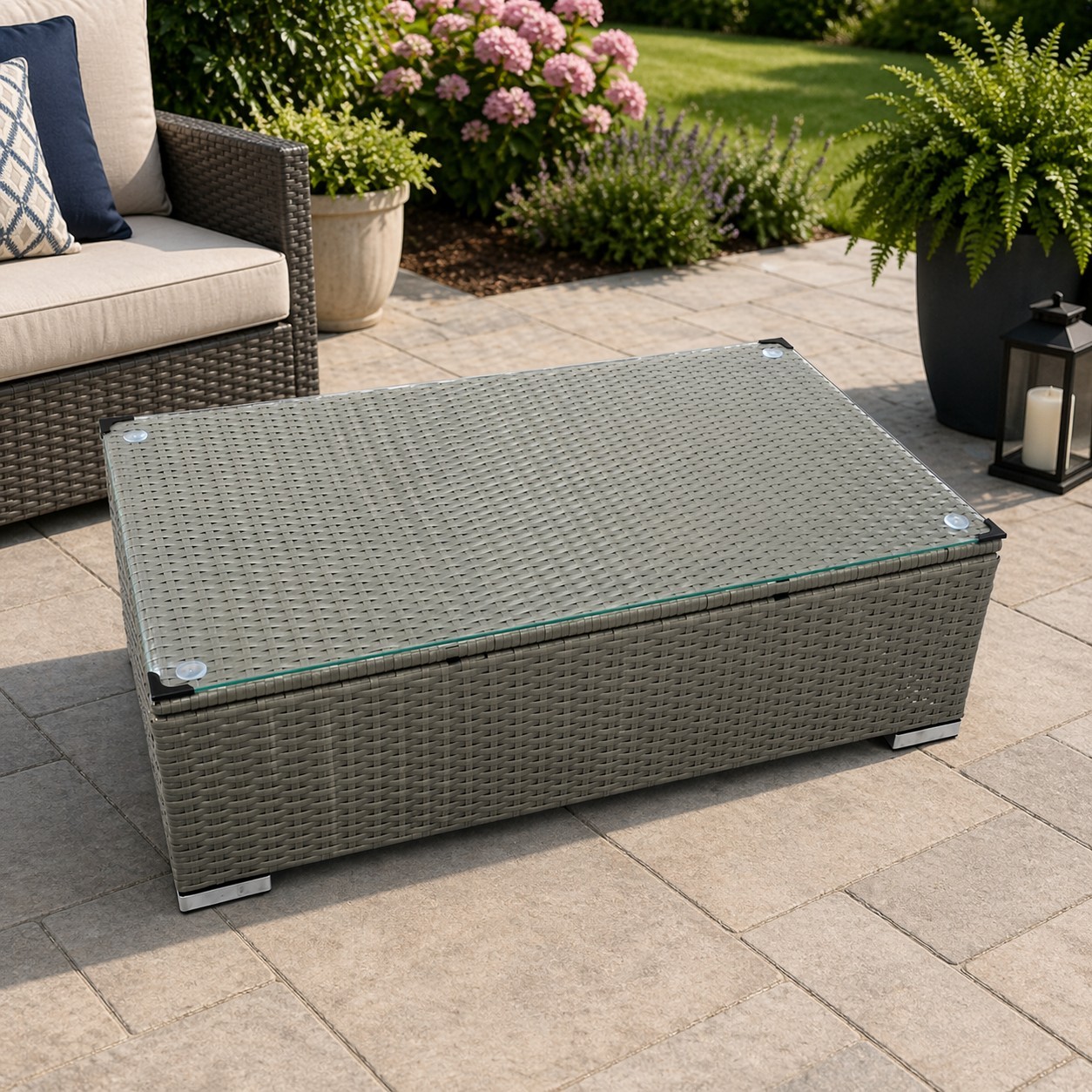 Outdoor Patio Wicker Coffee Table Gray Glass Top Rattan Low Profile 39x23.5x12.5