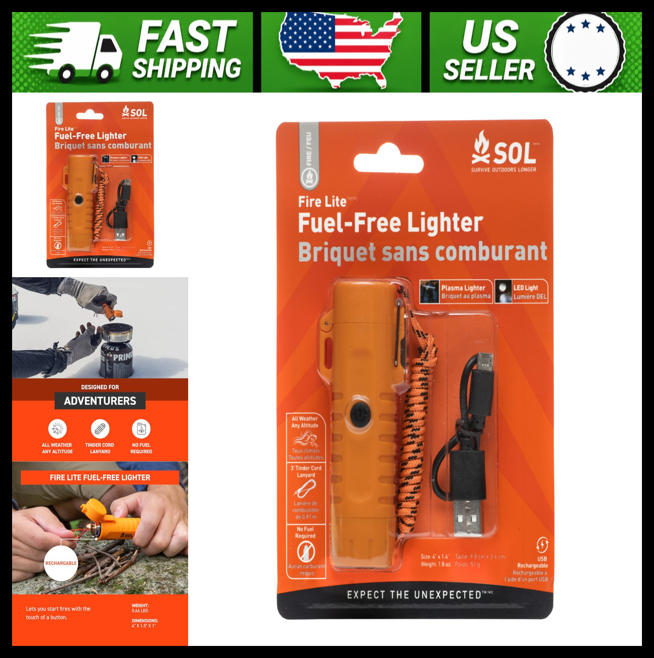 S.O.L. Survive Outdoors Longer Fire Lite Fuel Free Rechargeable Lighter