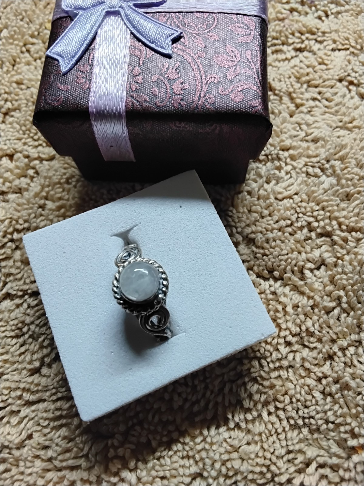 White Moonstone Ring. Set In Handmade Rhodium Plated Mounting.   Size 5.75