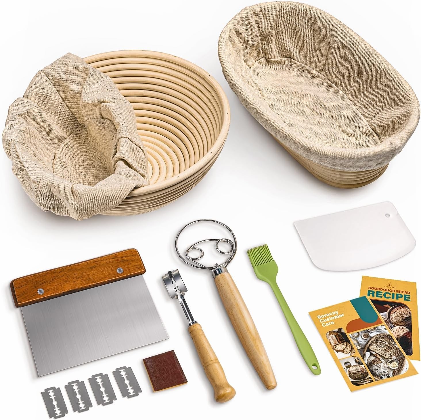 Artisan Sourdough Proofing Basket Set, 9" Round & 10" Oval with Essential Tools