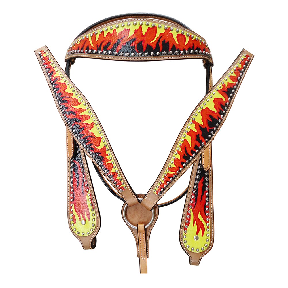 HILASON Western  Horse Leather Headstall & Breast Collar Tack Set Flame