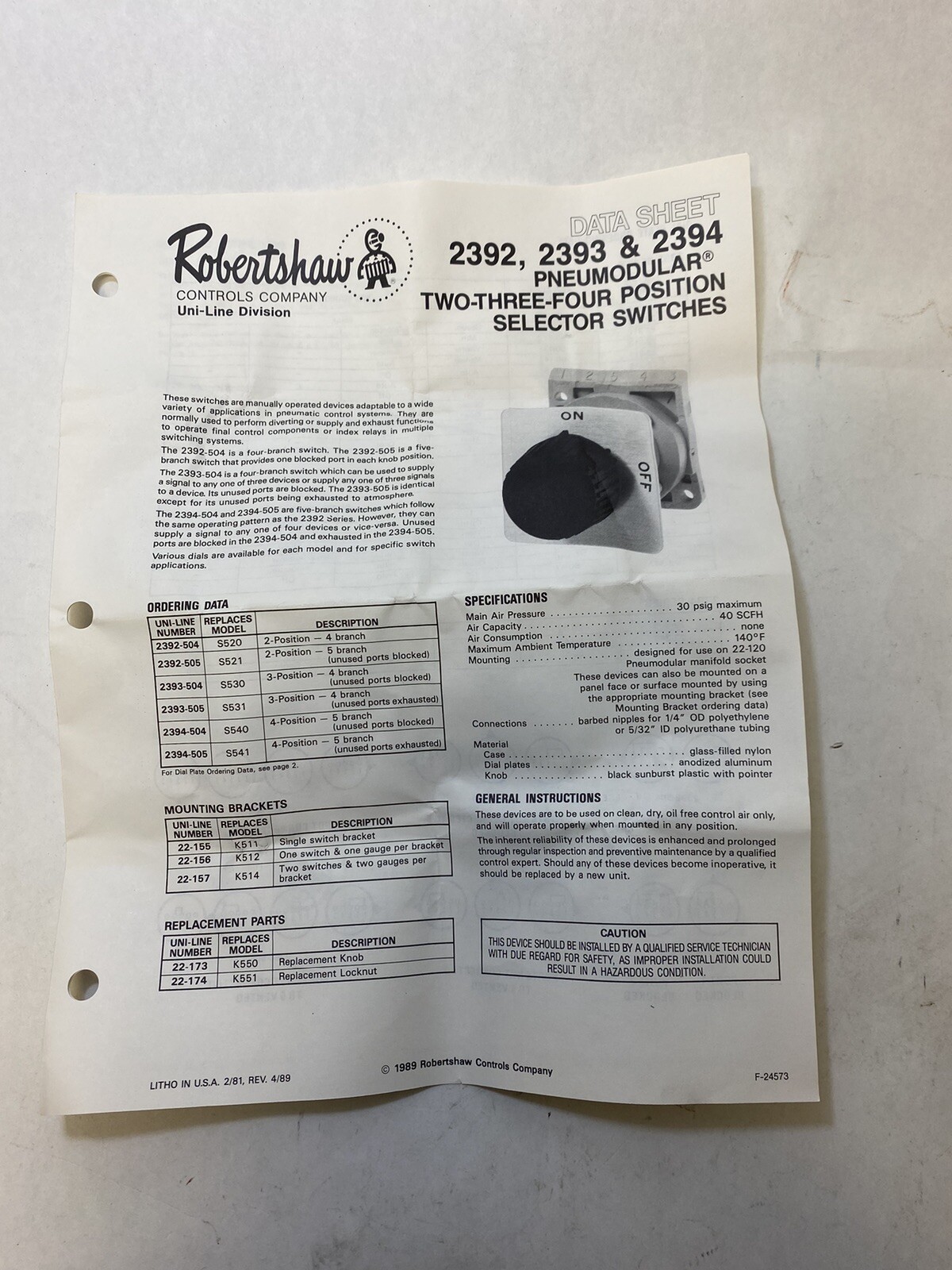 Invensys 2393-504 Pneumodular Selector Switch
