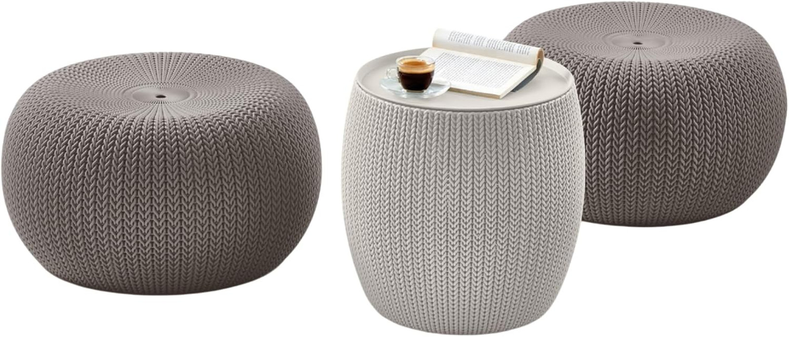 KETER Urban Knit Pouf Ottoman Set of 2 with Storage Table for Patio and Room Déc