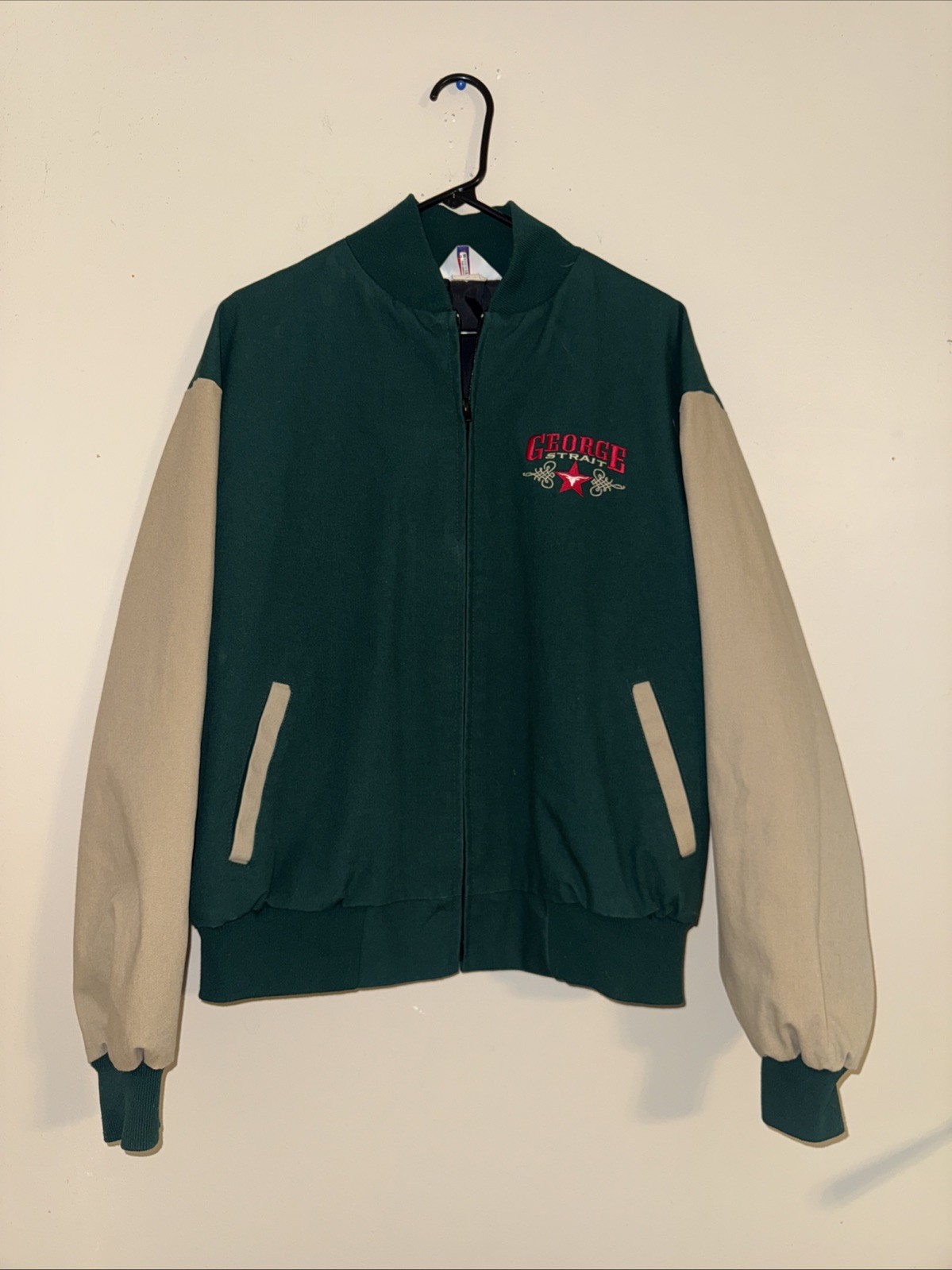 VINTAGE GEORGE STRAIT Western Canvas Varsity Bomber Jacket XL GREEN USA