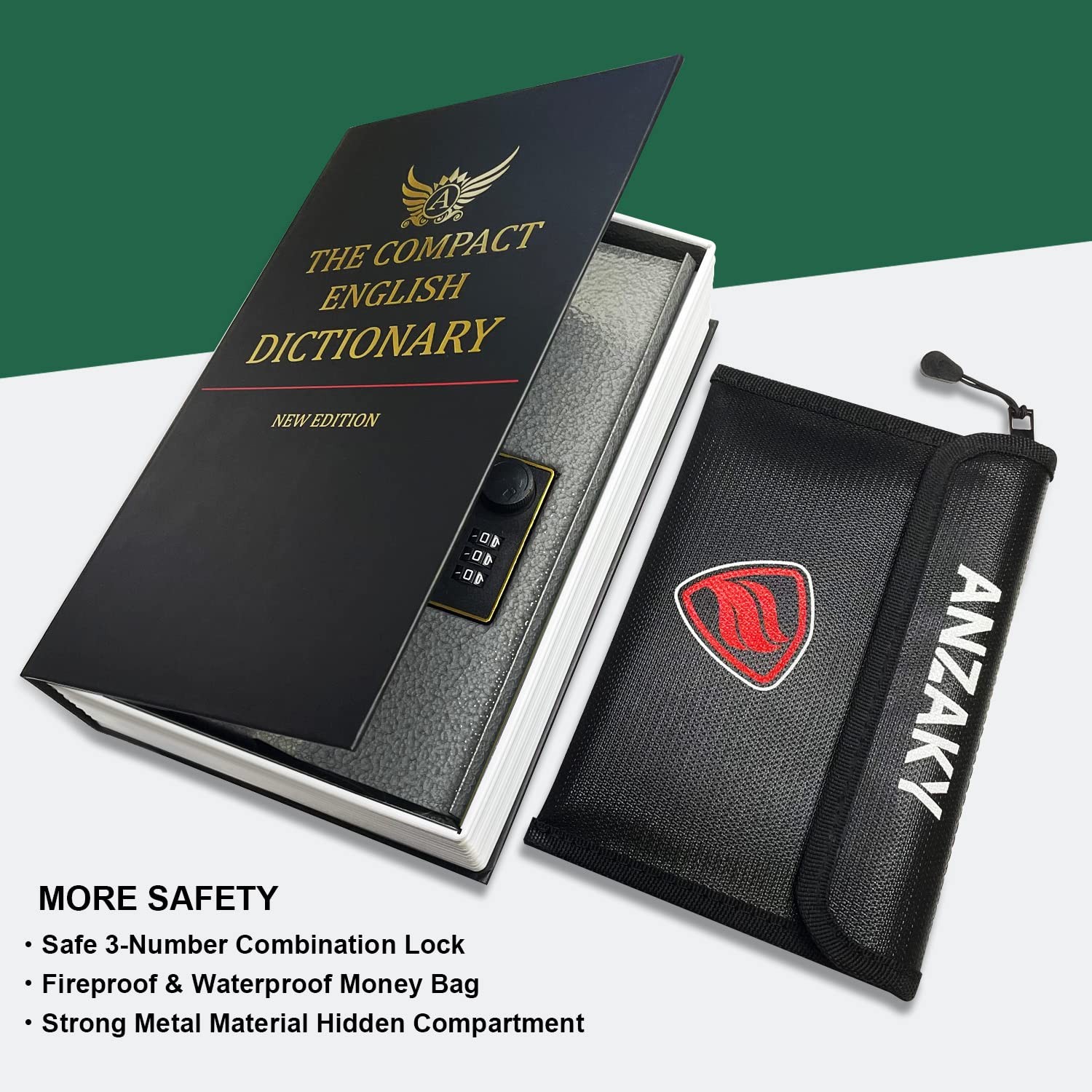 Dictionary Diversion Book Safe with Combination Lock and Fireproof Money Bag,...
