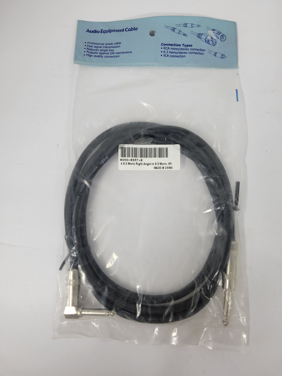 6ft.  1/4" (6.3) Mono Right-Angle to Straight Male/Male Instrument Cable
