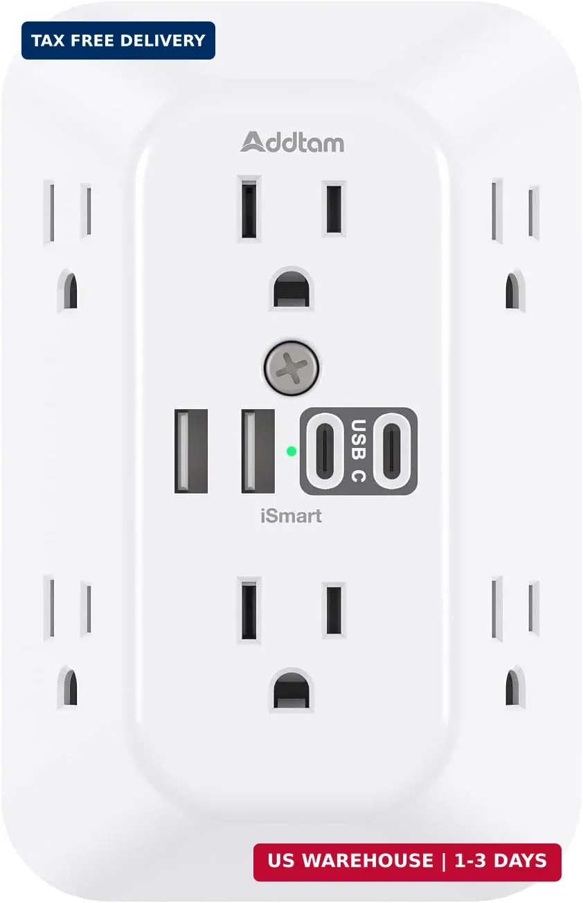 Addtam Surge Protector Outlet Extender, 6-Outlet Splitter with 4 USB Wall Charge