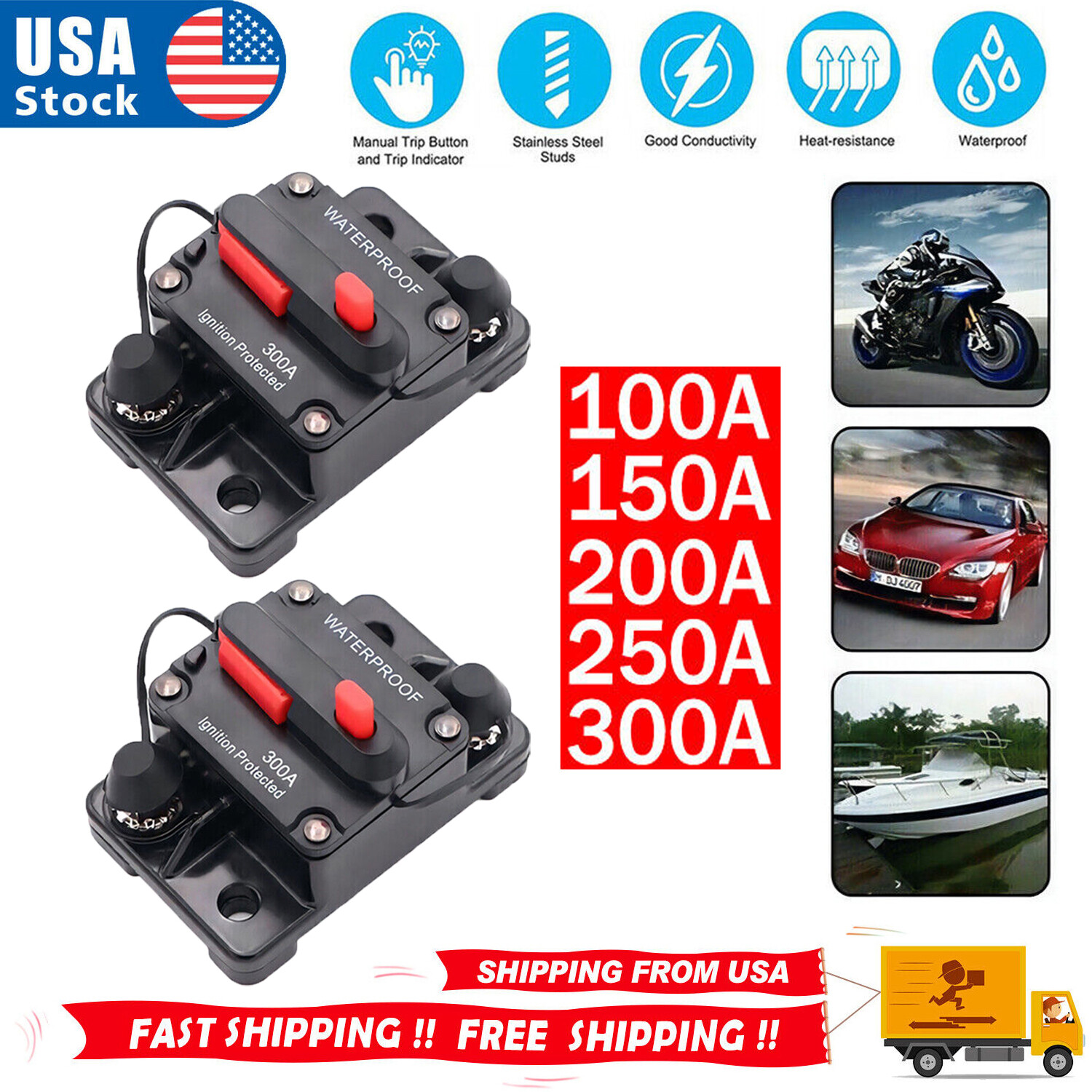 2pcs 12V-48V DC Car Boat Auto Waterproof 100-300A AMP Circuit Breaker Fuse Reset