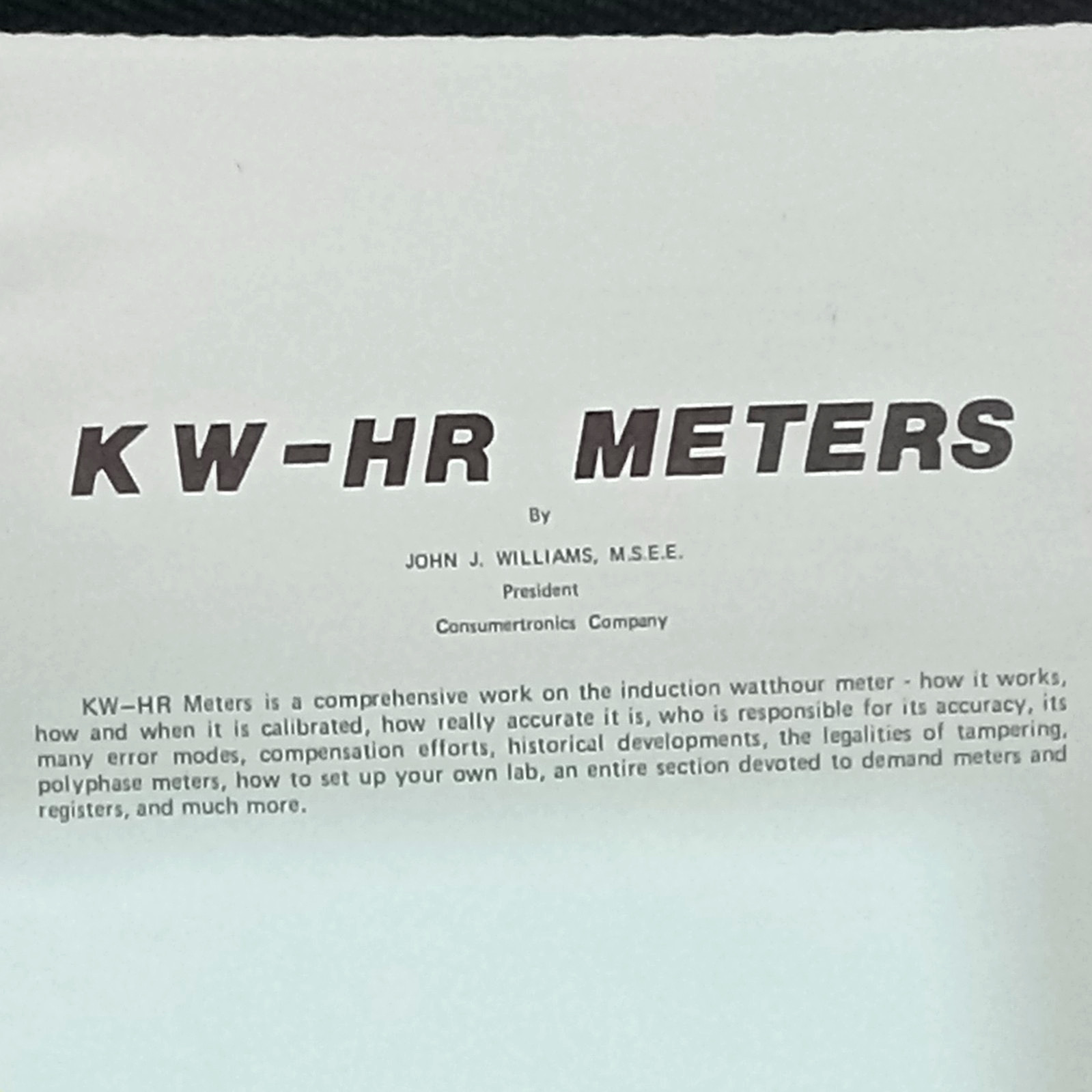 Kilowatt Hour Meters KW/HR Series Guide Reference 1978 Pamphlet John J Williams