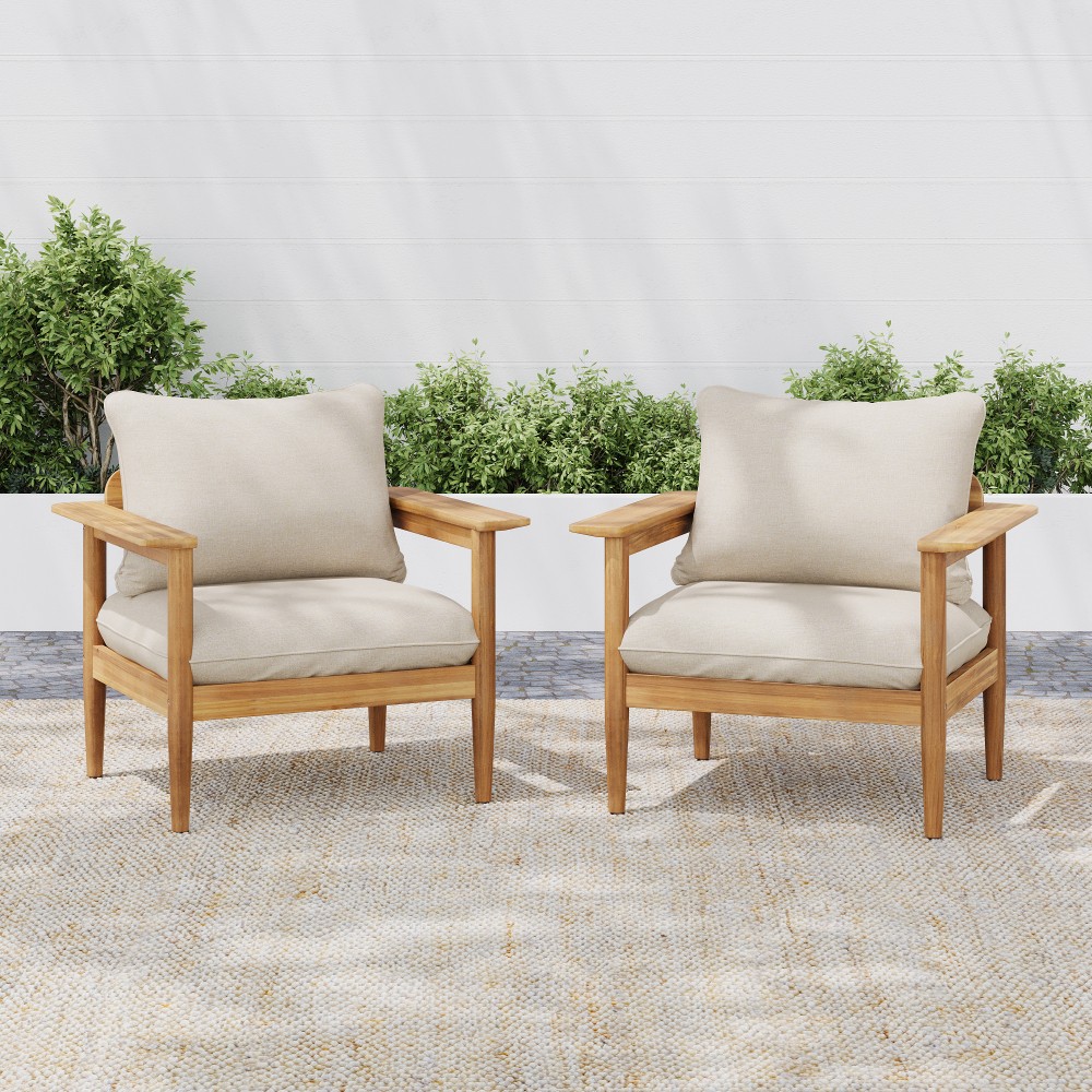 Outdoor Acacia Wood Lounge Chairs Set of 2 w/ Cushions Patio Furniture Beige