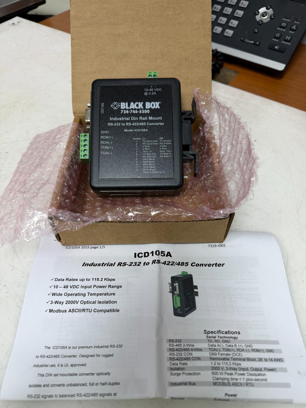 👀NEW BLACK BOX ICD105A INDUSTRIAL DIN RAIL MOUNT RS-232 TO RS-422/48 CONVERTER