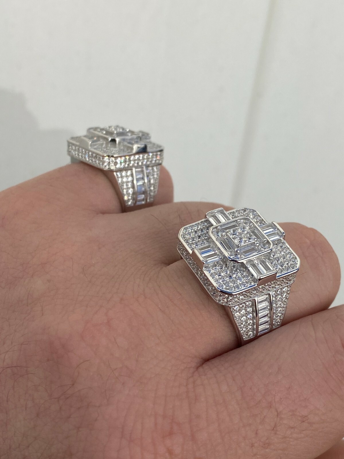 Large Real Solid 925 Sterling Silver Men's Baguette CZ Cross Ring Hip Hop Square