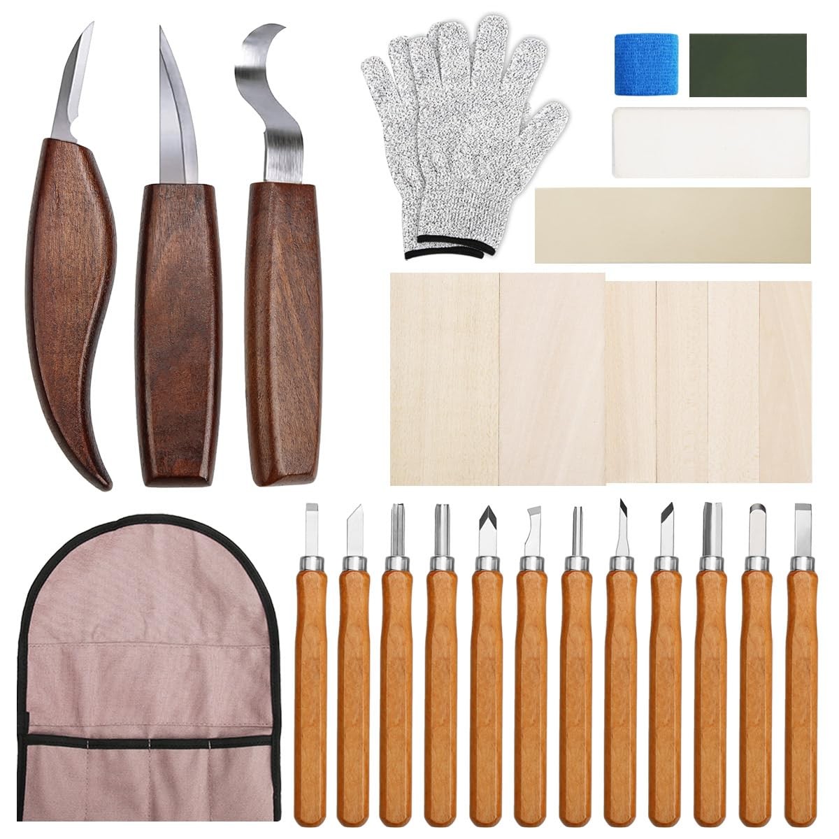 Wood Carving Kit 29 in-1 Wood Carving Tools with 3 Pcs Wood Carving Knives & ...