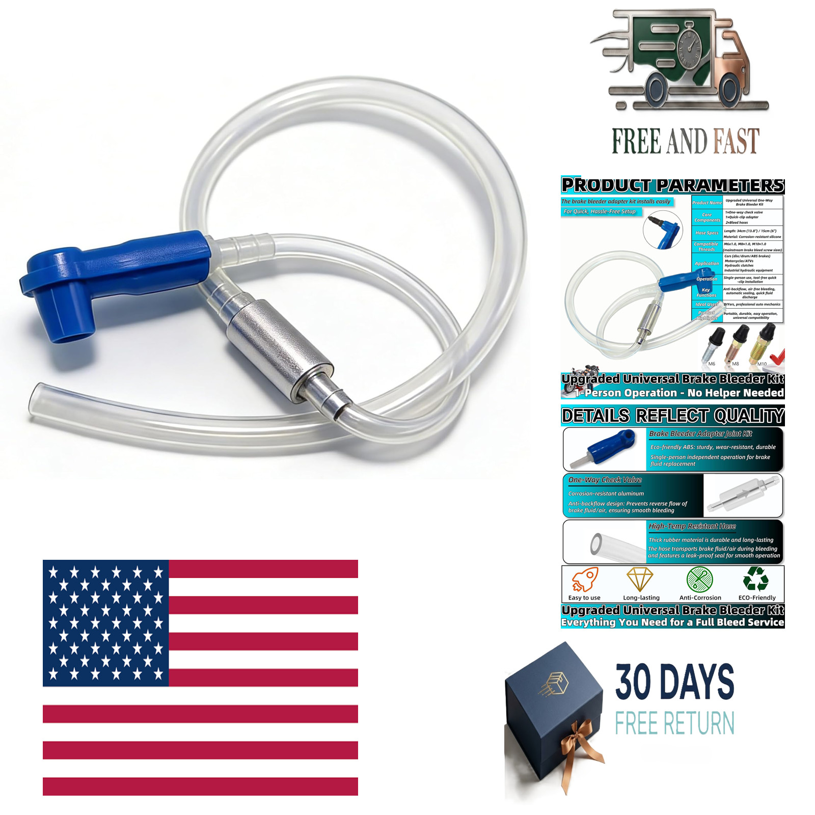 Universal Brake Bleeder Kit with One Way Check Valve, Adapter & Hose - Hydraulic
