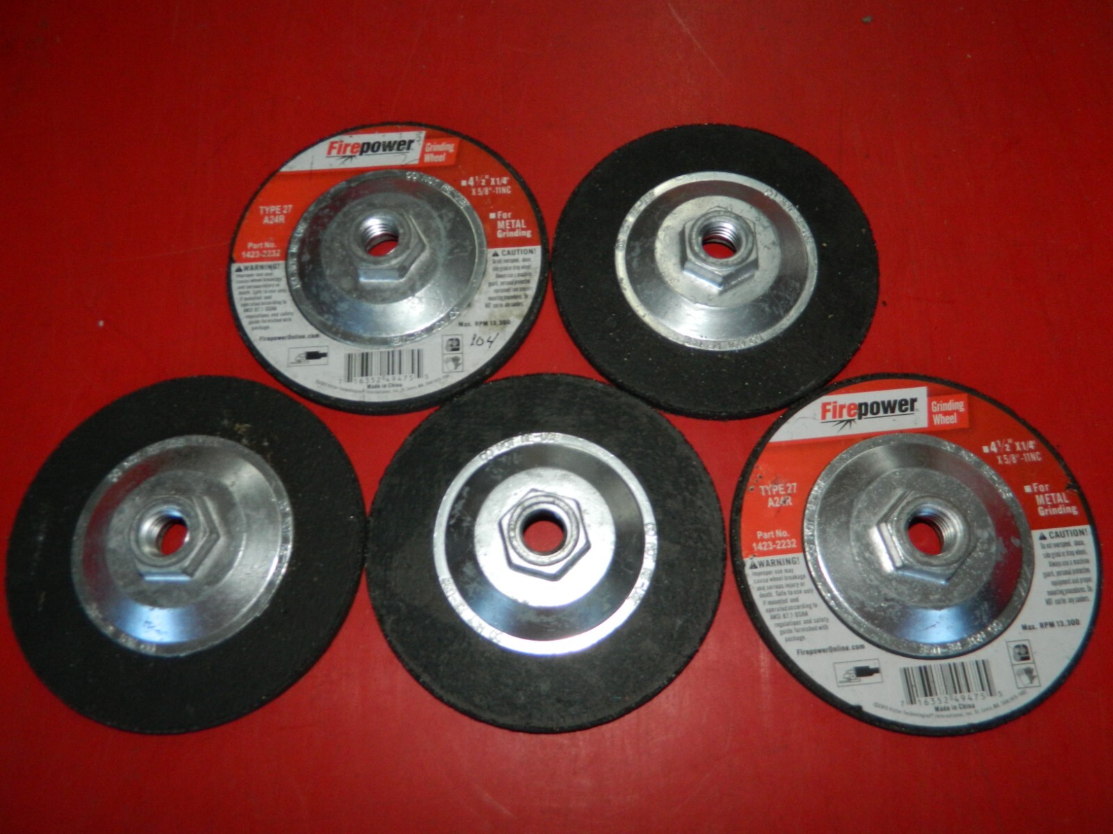 (5) NEW FIREPOWER 1423-2232 GRINDING WHEELS T-27 4-1/2" X 1/ 4" FOR METAL 13,300