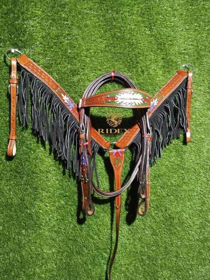 Beautiful Leather Western Headstall & Breast Plate Collar Set All Sizes.