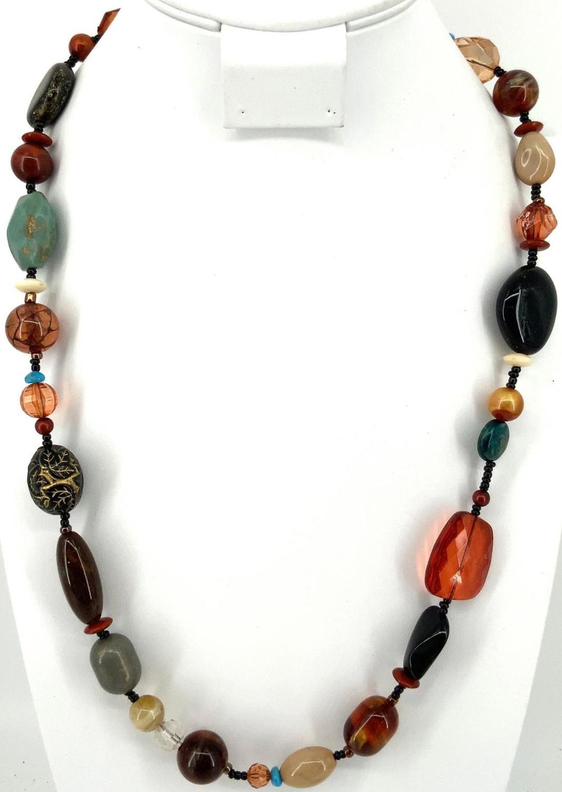 Vintage Resin Acrylic Boho Chunky Bead Necklace Earth Tone Bronze Lobster Claw