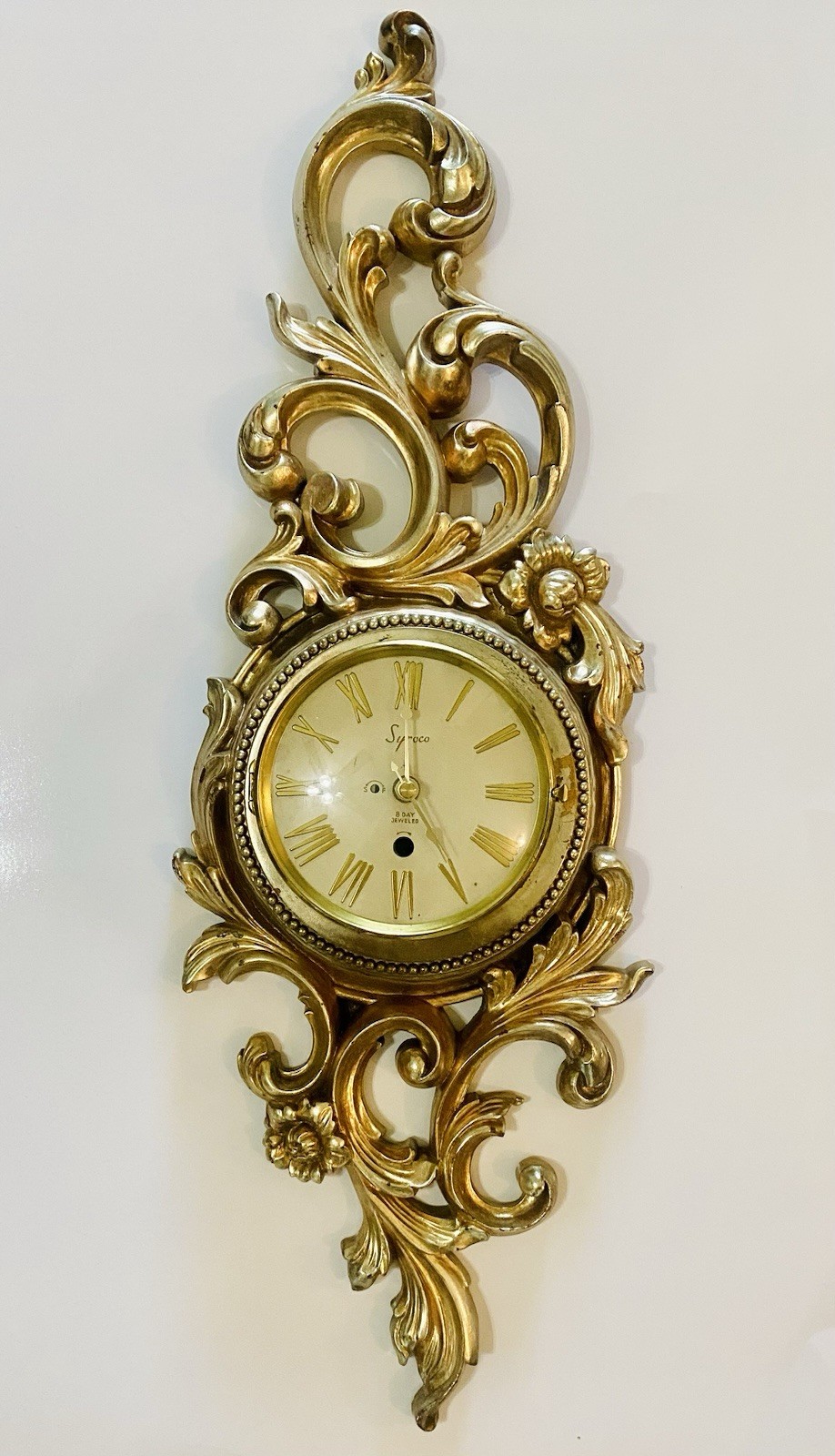 Vintage SYROCO 8 Day Wall Clock 26" MCM Baroque Hollywood Regency Style 13080