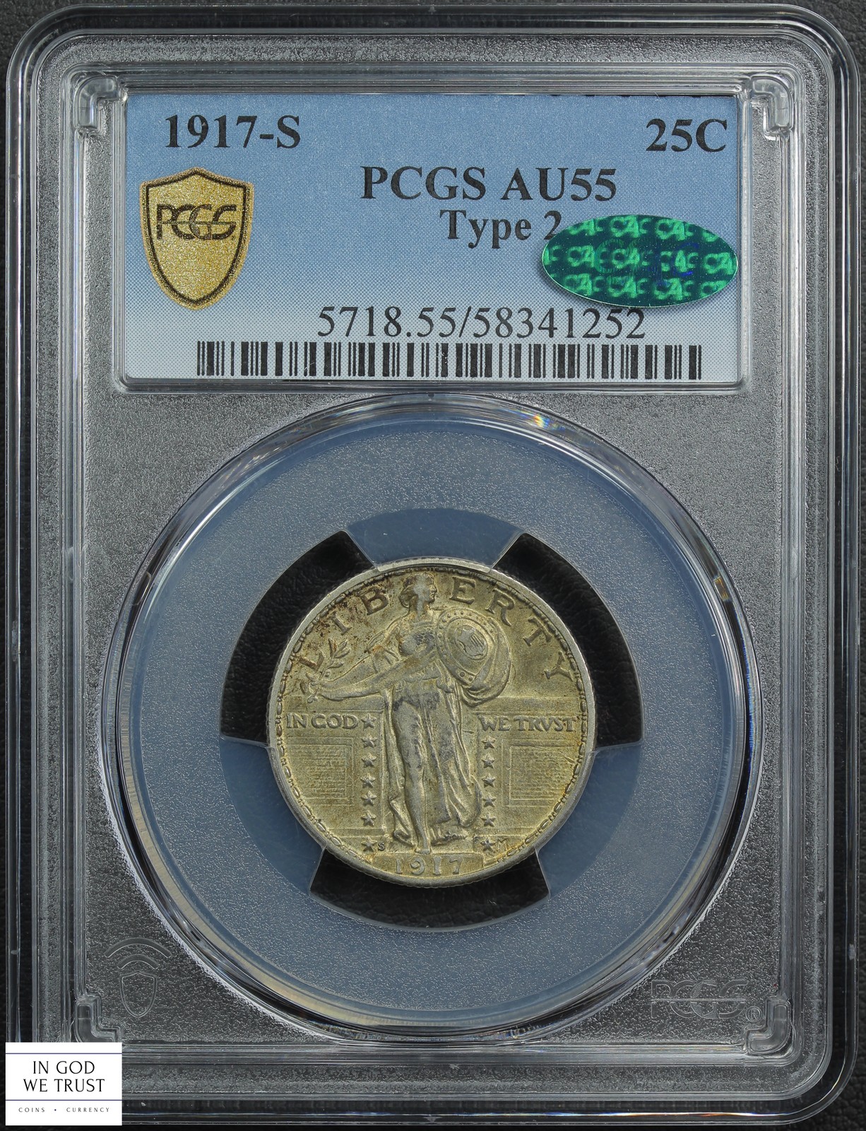 1917 S Type 2 Standing Liberty Silver Quarter 25C PCGS AU 55 CAC